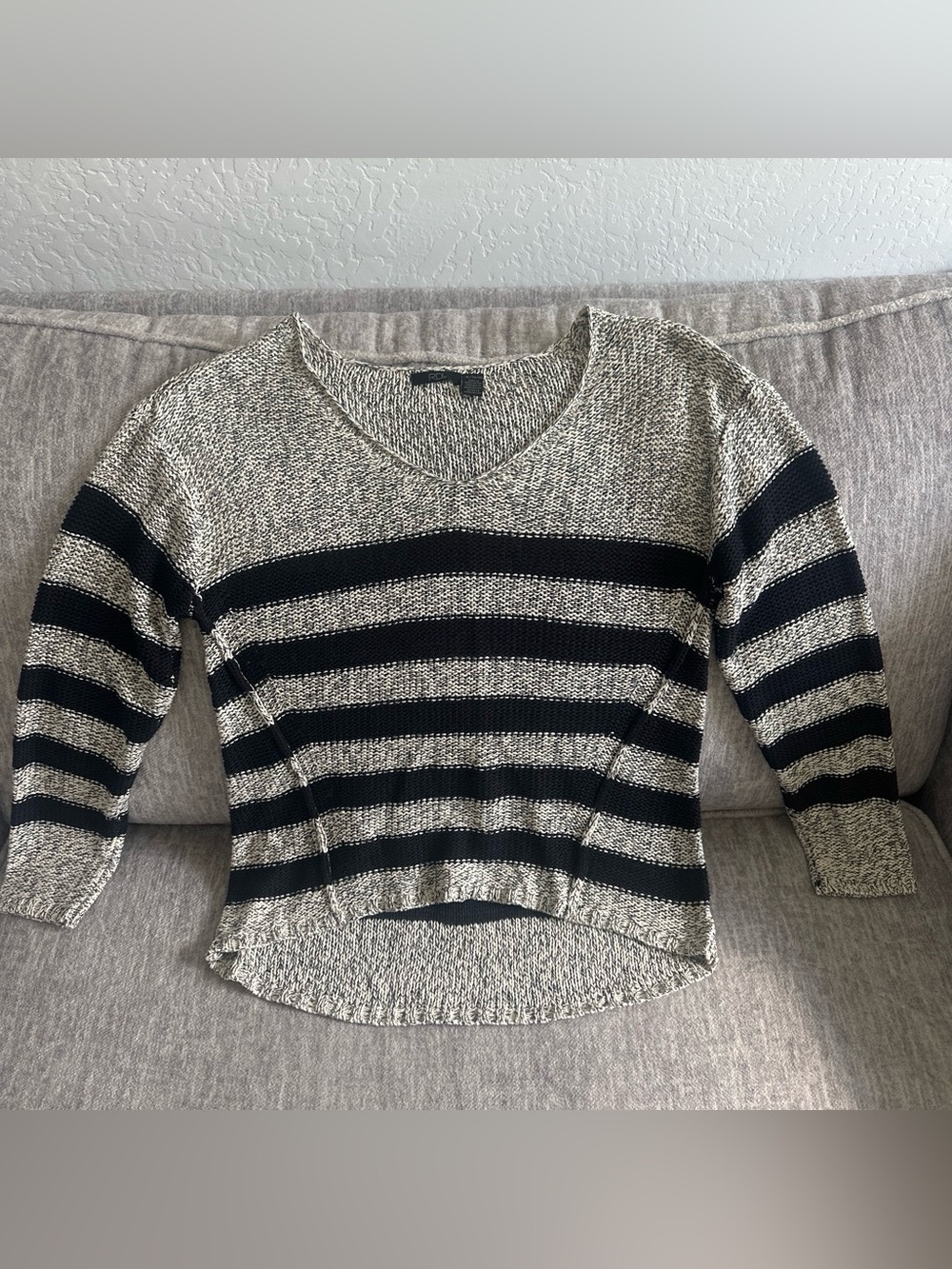 RDI Black and Cream Striped V-Neck Sweater